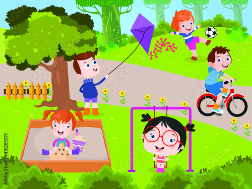 Happy kids play at park vector concept for banner  website  illustration  landing page  flyer  etc.