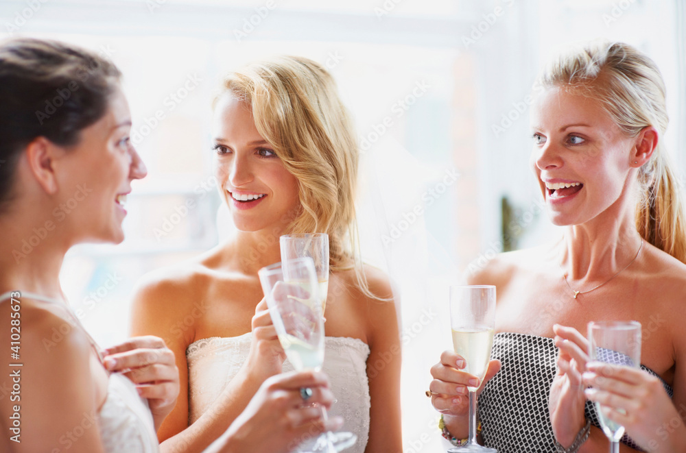 Bride and bridesmaids toasting and talking Bride and bridesmaids toasting and talking