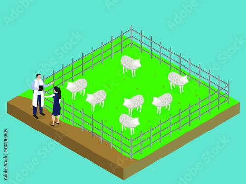 Sheep farm isometric 3d vector concept for banner, website, illustration, landing page, flyer, etc.
