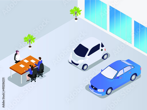 Car showroom isometric 3d vector concept for banner, website, illustration, landing page, flyer, etc.