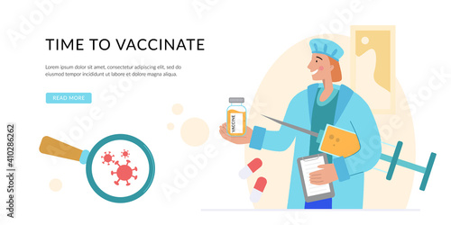 Time to vaccinate. Prevention injection, immunization. Coronavirus infection treatment. Landing page template. Modern flat concept for web design. Doctor with a large syringe and vaccine. © SuvorovaArt.ru