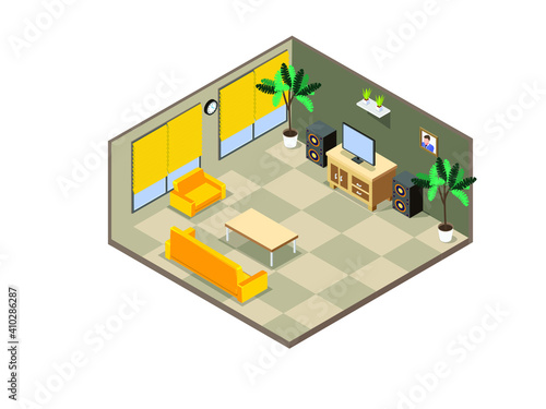 Living room isometric 3d vector concept for banner, website, illustration, landing page, flyer, etc.