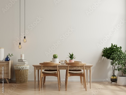 Modern dining room interior design with beige empty walls.