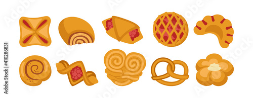 Sweet buns cartoon icon set. Design menu bakery symbol, jam puff, bun. Bakery goods and wicker pretzel, bagel, croissant pastry, roll. Stylish icon modern vector illustration