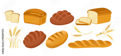 Bread cartoon icon set. Bakery goods bread loaf and ears wheat, and french baguette, pretzel, croissant, french baguette ciabatta. Design menu bakery pastry symbol. Icon modern vector illustration
