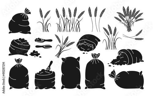 Bag flour and wheat ears, black glyph set. Heap flour, grain spikelets collection. Bread and harvest agricultural symbol flour production. Design organic farm elements, organic packaging label vector