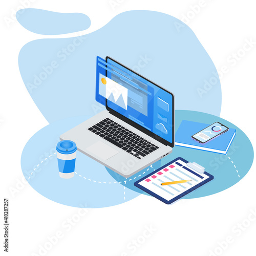Isometric illustration of delivery of sushi rolls. Sushi delivery inscription. Phone with an open card and an order, on the phone there are rolls, one of the rolls is held by chopsticks
