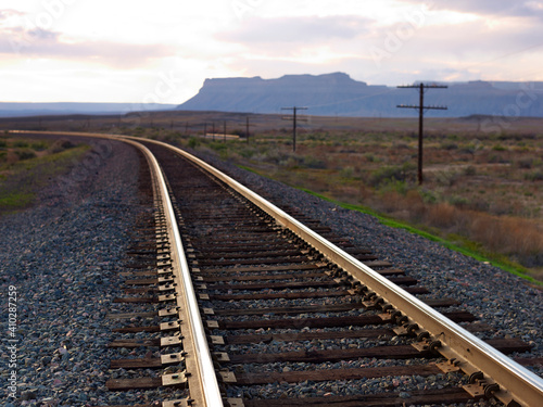 USA, Utah, Desert landscape with railroad track photo