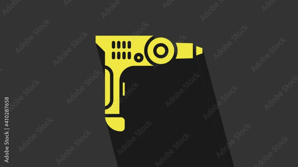 Yellow Electric drill machine icon isolated on grey background. Repair tool. 4K Video motion graphic animation Yellow Electric drill machine icon isolated on grey background. Repair tool. 4K Video motion graphic animation
