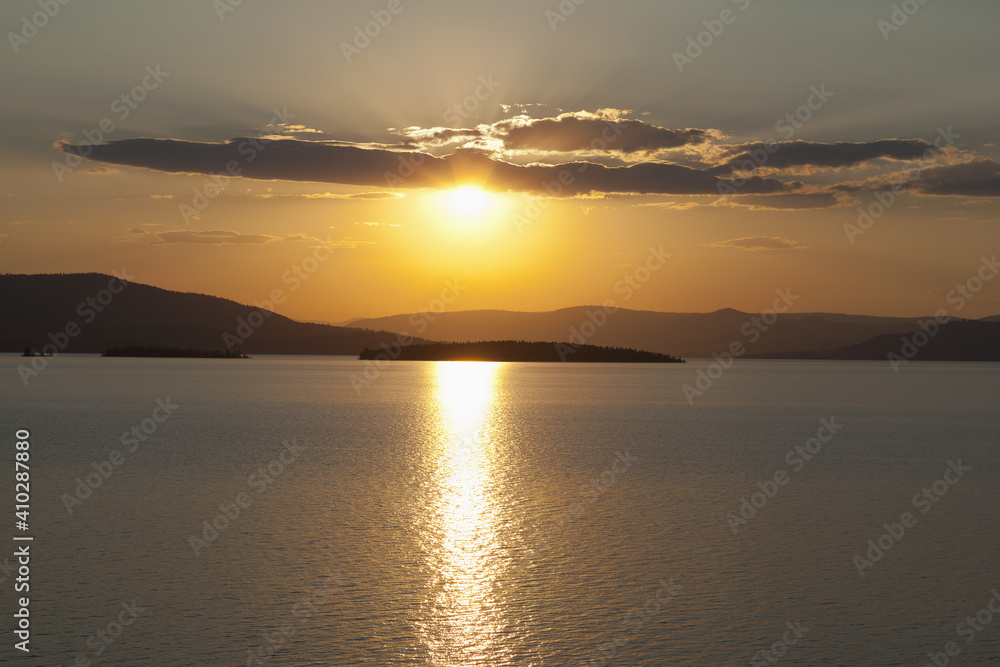 USA, Montana, Flathead Lake, View of sunset over lake USA, Montana, Flathead Lake, View of sunset over lake