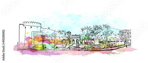 Building view with landmark of Muscat is the
capital of Oman. Watercolour splash with hand drawn sketch illustration in vector.