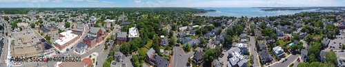 Aerial view panorama of Historic buildings on Cabot Street in historic city center of Beverly, Massachusetts MA, USA. 