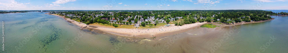 Dane Street Beach at Mackerel Cove aerial view panorama in city of Beverly, Massachusetts MA, USA. 