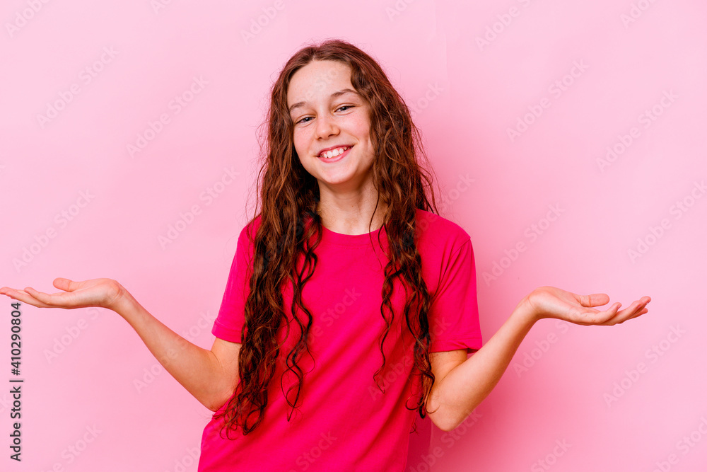 Little caucasian girl isolated on pink background showing a welcome expression. Little caucasian girl isolated on pink background showing a welcome expression.