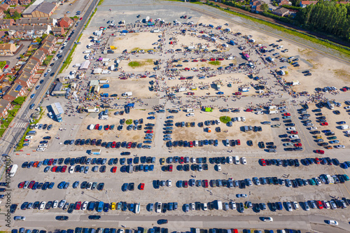 Aerial view of a busy flee market near the city of Hull, United Kingdom.