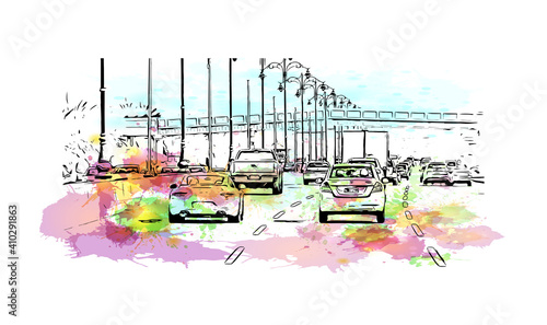 Building view with landmark of Muscat is the
capital of Oman. Watercolour splash with hand drawn sketch illustration in vector.