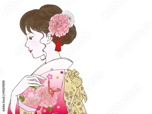 晴れ着の女性_横向き_伏し目_カラー