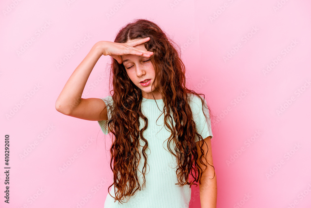 Little caucasian girl isolated on pink background touching temples and having headache. Little caucasian girl isolated on pink background touching temples and having headache.