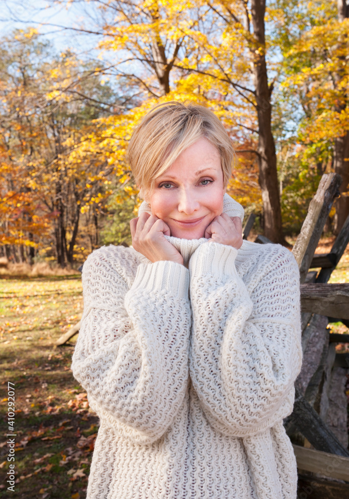 Portrait of smiling woman in Autumn forest Portrait of smiling woman in Autumn forest