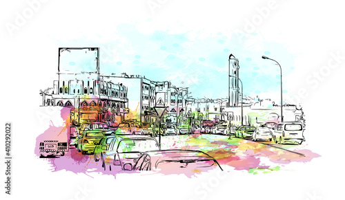 Building view with landmark of Muscat is the
capital of Oman. Watercolour splash with hand drawn sketch illustration in vector.