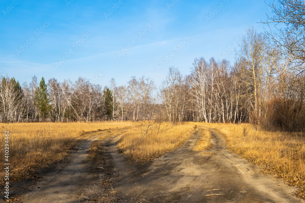 Forking country road through fields and forest at sunset.Late fall.Warm evening sunlight.Leisure, tourism and adventure. Forking country road through fields and forest at sunset.Late fall.Warm evening sunlight.Leisure, tourism and adventure.