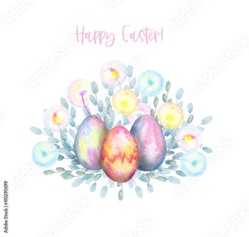 Easter card. Watercolor rainbow eggs in the colors of the dandelions. Spring. Hand drawing illustration