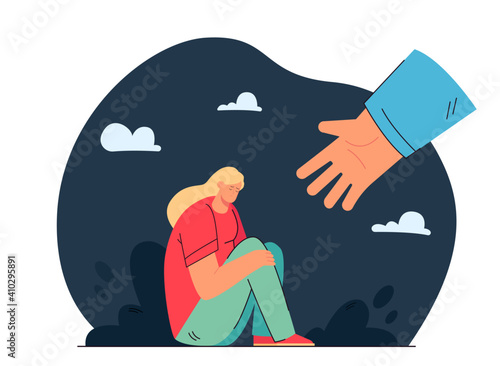 Unhappy girl sitting in depression and hand helping her flat vector illustration. Cartoon sad woman embracing knees in melancholy and waiting for support. Stress and psychology concept