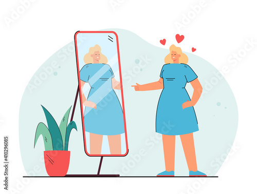 Cheerful young lady looking at mirror and winking isolated flat vector illustration. Cartoon woman cheering herself and getting love of self. Narcissism, body positive and beauty concept