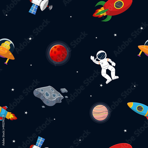 Flat cartoon style space pattern. Astronaut with photo