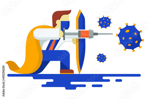 A doctor wearing medical mask with his weapon shield and vaccine injection needle sword for fighting against Coronavirus. COVID-19 outbreak medical staff in simple flat style vector.