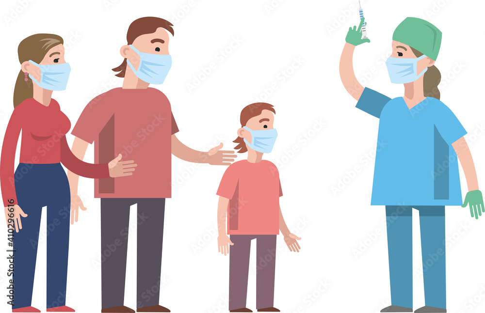 Family vaccination for immune health. The doctor holds in his hand a syringe with a vaccine against influenza, virus, coronavirus. Prevention and immunization of people. Flat infographics. Vector.