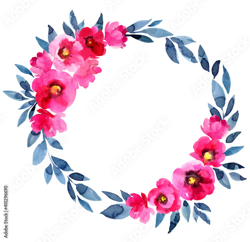 Pink flowers and indigo leaves wreath. Wedding card template. Hand drawn watercolor floral illustration . Isolated on white background