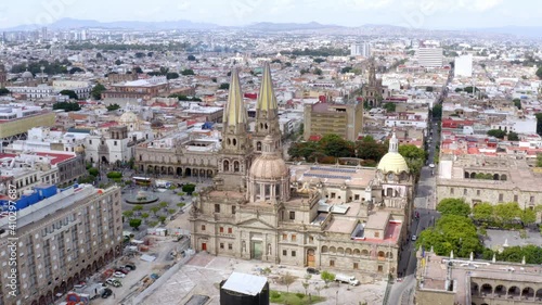 Aerial: church in the middle of Guadalajara downtown, drone view