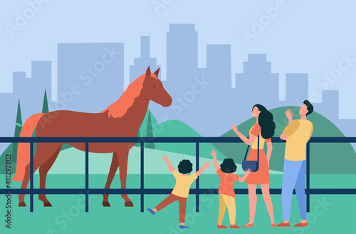 Family looking at horse in city park. Parent and kids visiting zoo or hippodrome. Flat vector illustration. Animals, family, entertainment concept for banner, website design or landing web page