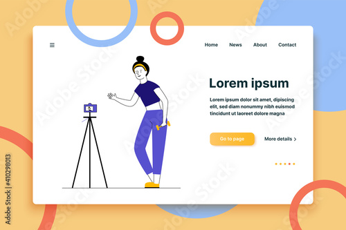 Fitness blogger posing for camera. Woman with dumbbells recording video of herself flat vector illustration. Internet, fitness, blog concept for banner, website design or landing web page