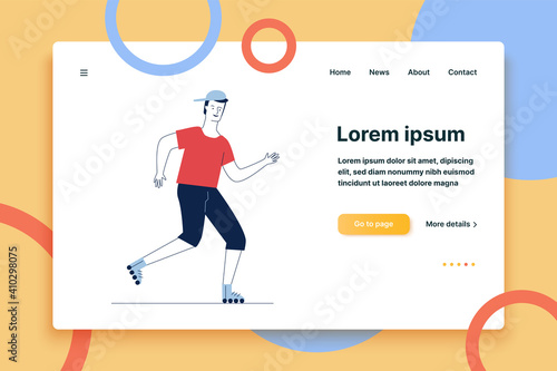Guy wearing cap roller skating. Young man moving on rollers flat vector illustration. Summer outdoor activity, lifestyle, recreation concept for banner, website design or landing web page