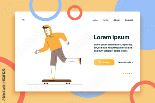 Guy in casual skateboarding. Male character riding longboard flat vector illustration. Skateboarder outdoor activity, lifestyle concept for banner, website design or landing web page