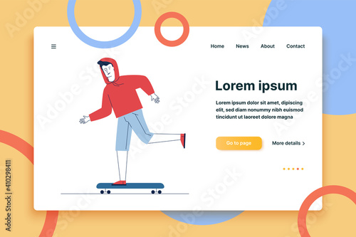 Guy in casual skateboarding. Male character riding longboard flat vector illustration. Skateboarder outdoor activity, lifestyle concept for banner, website design or landing web page