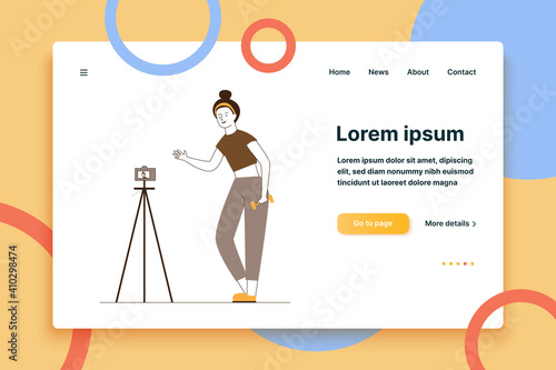 Fitness blogger posing for camera. Woman with dumbbells recording video of herself flat vector illustration. Internet, fitness, blog concept for banner, website design or landing web page