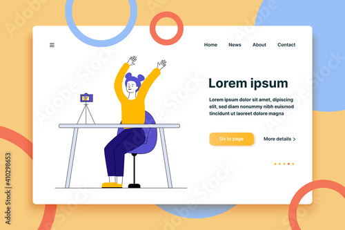 Female blogger posing for camera. Woman recording video of herself flat vector illustration. Internet, networking, blog concept for banner, website design or landing web page