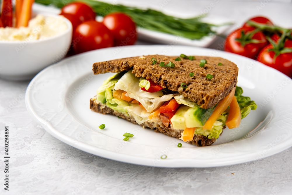 Close up of sandwich with hummus and vegetables on white plate. Healthy vegan diet food concept Close up of sandwich with hummus and vegetables on white plate. Healthy vegan diet food concept
