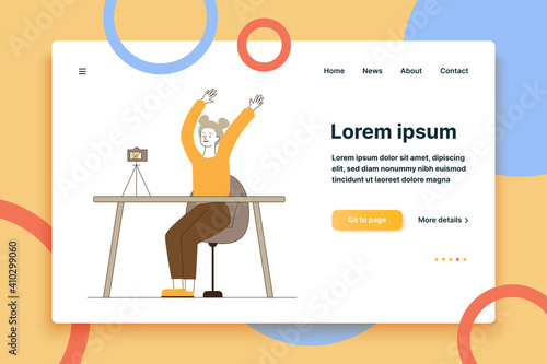 Female blogger posing for camera. Woman recording video of herself flat vector illustration. Internet, networking, blog concept for banner, website design or landing web page