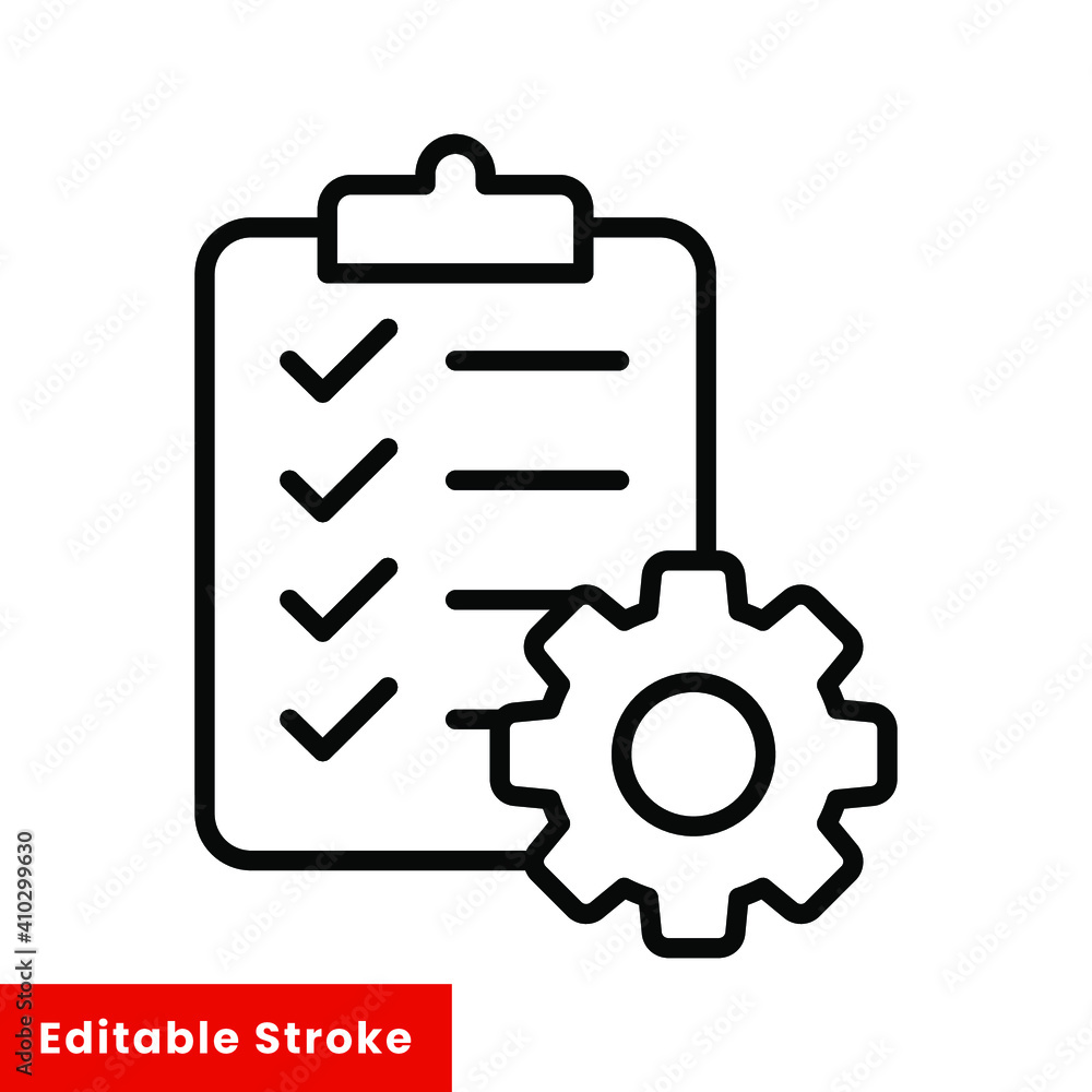 Clipboard and gear icon. Project management concept line style. Technical support check list with cog. Software development concept. Vector illustration for web and app. Editable stroke EPS 10 Clipboard and gear icon. Project management concept line style. Technical support check list with cog. Software development concept. Vector illustration for web and app. Editable stroke EPS 10