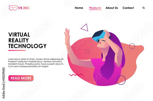 Virtual Reality technology vector. Women wearing Virtual Reality glasses while lifting right hand