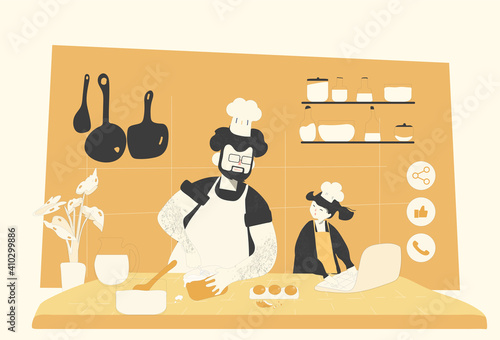 Vector Illustration of family food lifestyle.Father and daughter baking cake by using I.O.T.Happy time and herritage hobbies,modern lifestye focus on wellness.Modern family and food concept.  
