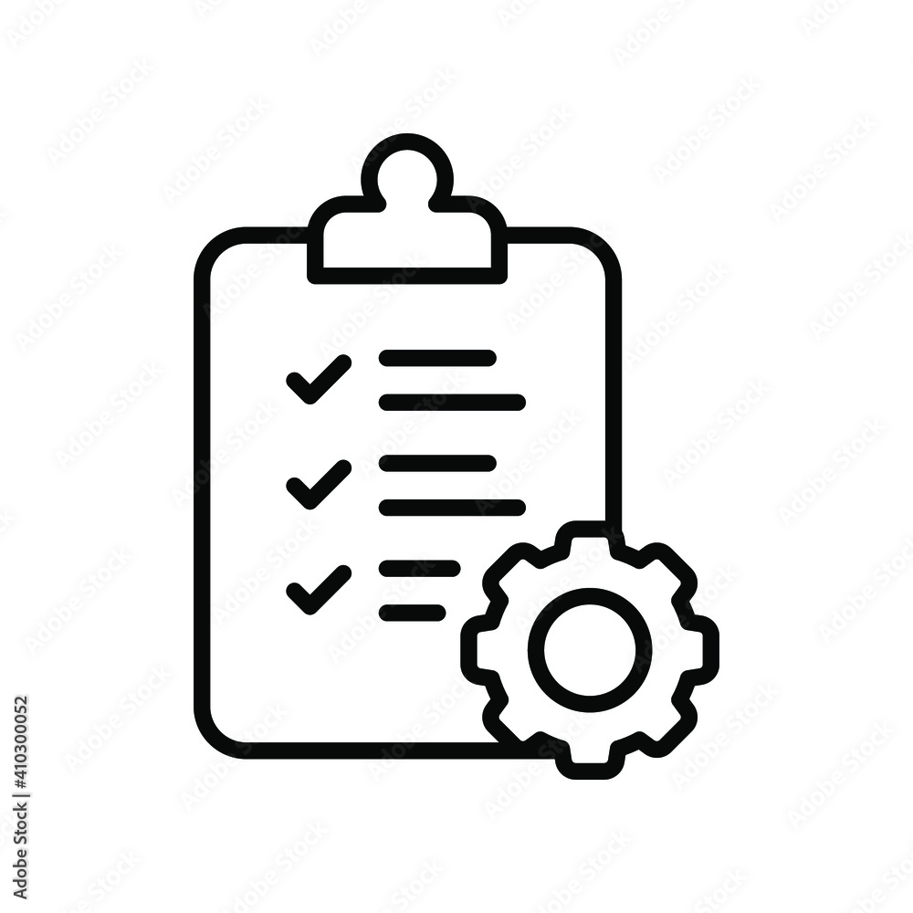 Clipboard and gear icon. Project management concept line style. Technical support check list with cog. Software development concept. Vector illustration for web and app. EPS 10 Clipboard and gear icon. Project management concept line style. Technical support check list with cog. Software development concept. Vector illustration for web and app. EPS 10