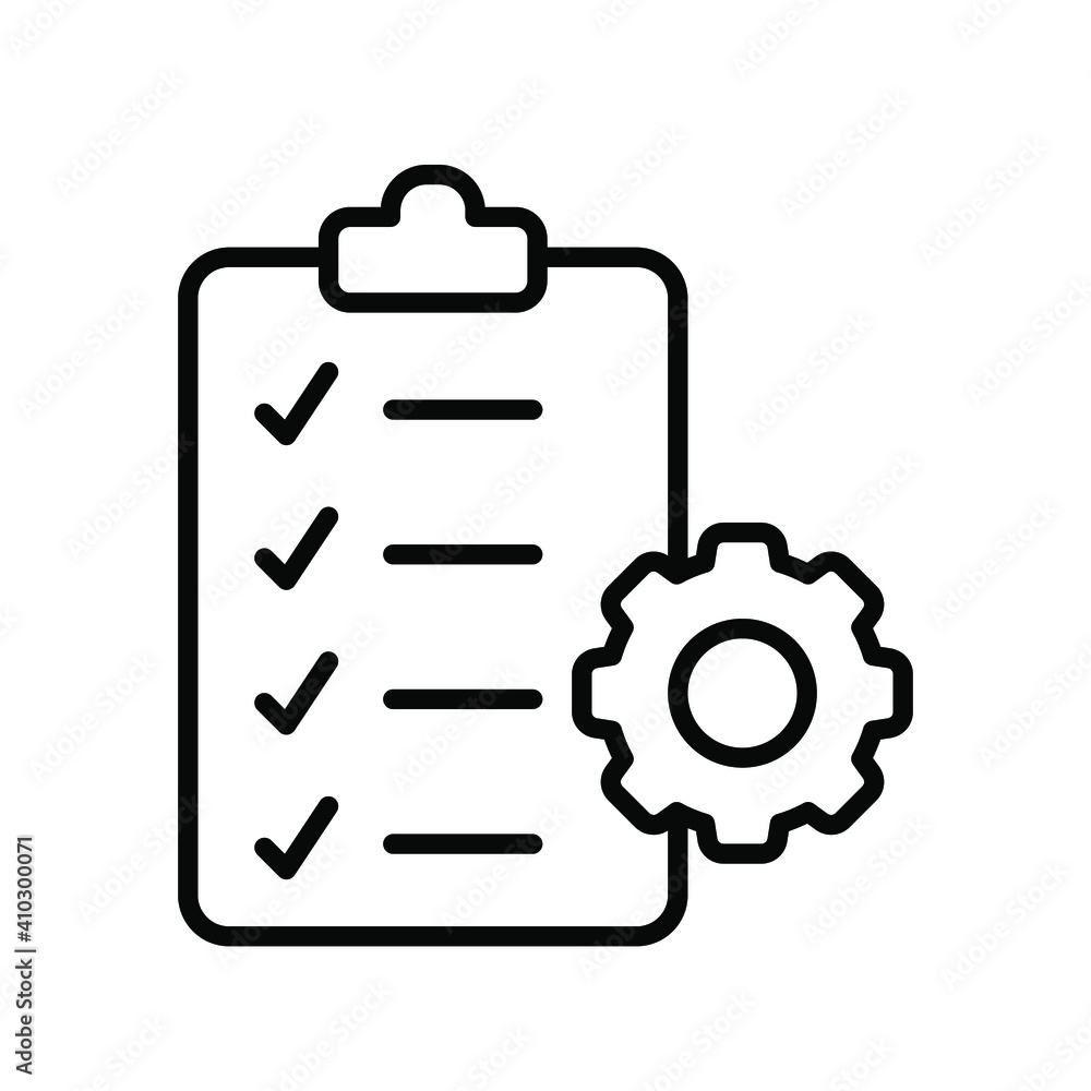 Clipboard and gear icon. Project management concept line style. Technical support check list with cog. Software development concept. Vector illustration for web and app. EPS 10 Clipboard and gear icon. Project management concept line style. Technical support check list with cog. Software development concept. Vector illustration for web and app. EPS 10