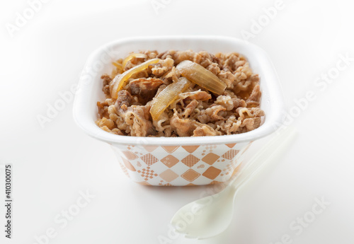 Close-up of beef bowl (Gyudon)  in plastic container for takeout