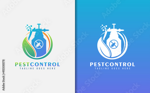 Pest Control Logo Design. Abstract Green Leaf Combine With Pest Spray. Vector Logo Design Illustration.