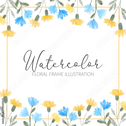 watercolor yellow blue wildflower floral square frame illustration